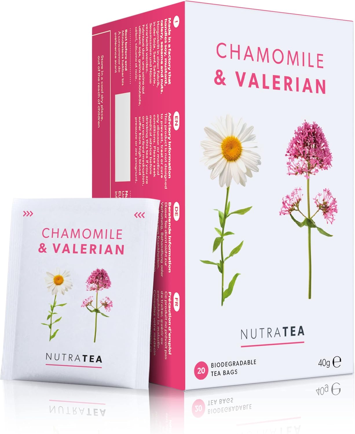 Nutra Tea Chamomile & Valerian Herbal Tea - Valerian Root Tea for Relaxation, Bedtime, Sleep and Night Time - 20 Enveloped Teabags - Herbal Infusion (1 Pack)