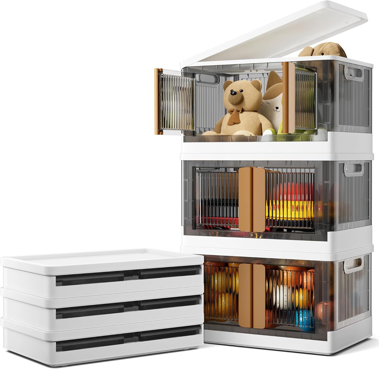 Collapsible Storage Bins with Lids - 8.4 Gal Stackable Storage Bins Open Front - Foldable Closet Storage Box with Door - Plastic Storage Containers for Toys, Clothes (3 Pack)