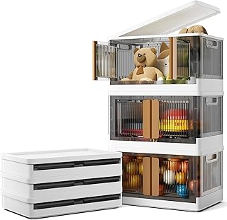 Collapsible Storage Bins with Lids - 8.4 Gal Stackable Storage Bins Open Front - Foldable Closet Storage Box with Door - Plastic Storage Containers for Toys, Clothes (3 Pack)