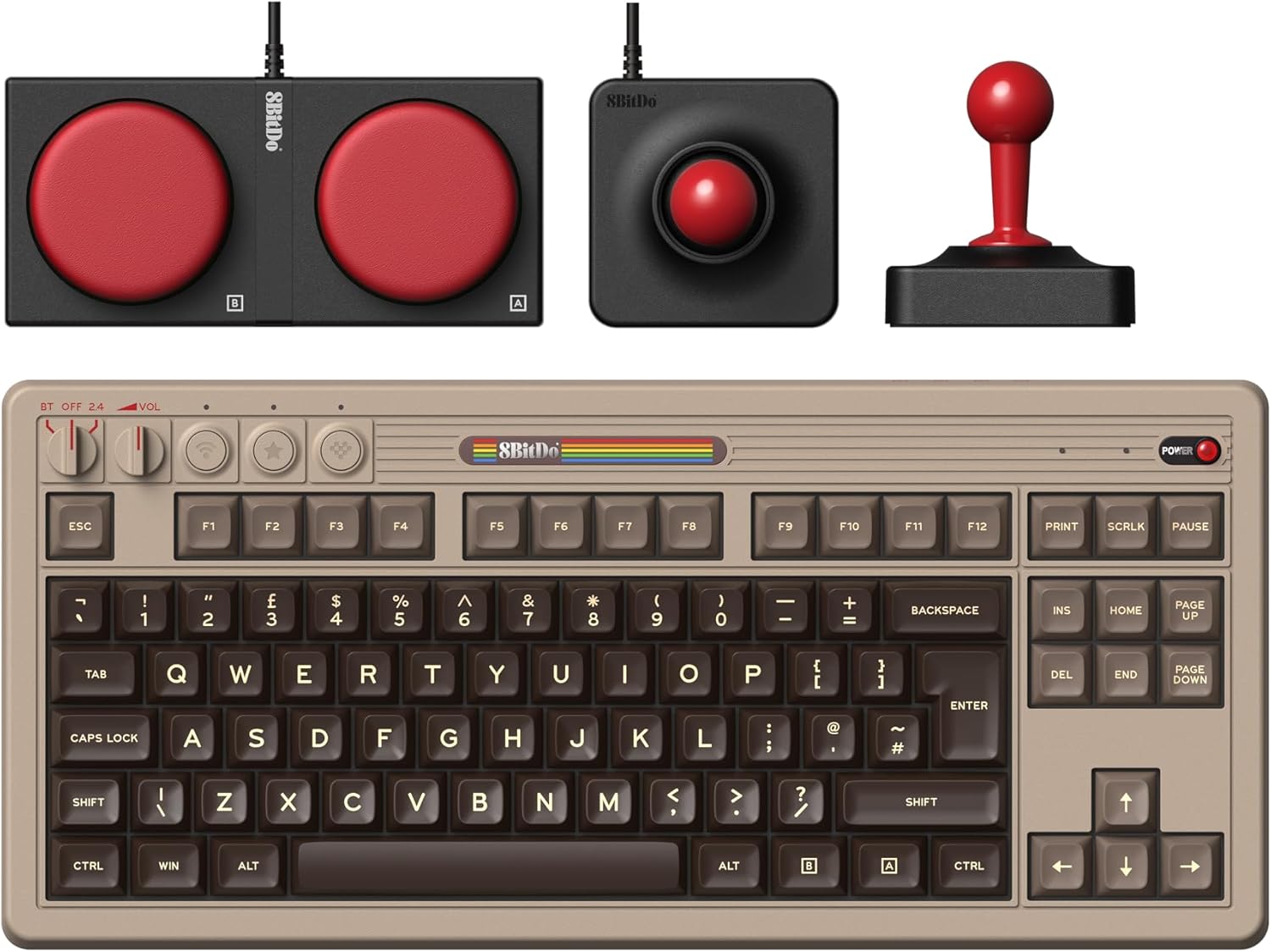 8Bitdo Retro Mechanical Keyboard, Bluetooth/2.4G/USB-C Hot Swappable Gaming Keyboard with 87 Keys, Dual Super Buttons and Super Stick for Windows and Android - ISO UK Layout - C64 Edition