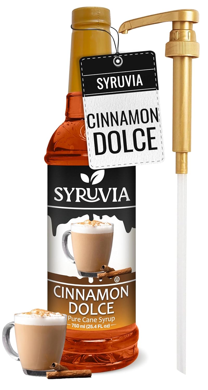 Syruvia Cinnamon Dolce Coffee Syrup - 25.4 fl oz Premium Coffee Flavoring Syrup - Kosher Coffee Syrups, Gluten Free, No Coloring, Perfect for Drinks, Soda, Shakes, Desserts, & More With Syrup Pump
