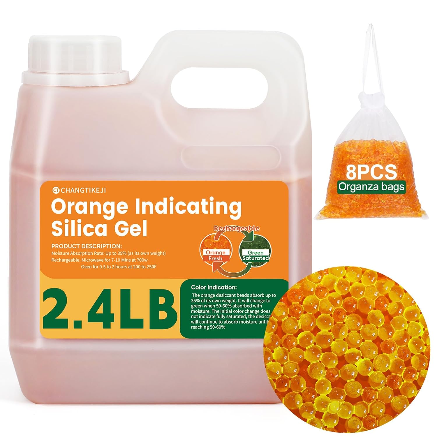 Orange Silica Gel Desiccant Beads 2.4LBS - Premium Color Indicating Reusable Moisture Absorbers for Camera, Electronic, Books, Documents, 3D Filaments, Clothes, Painting, Jewelry(8PCS Organza Bags)