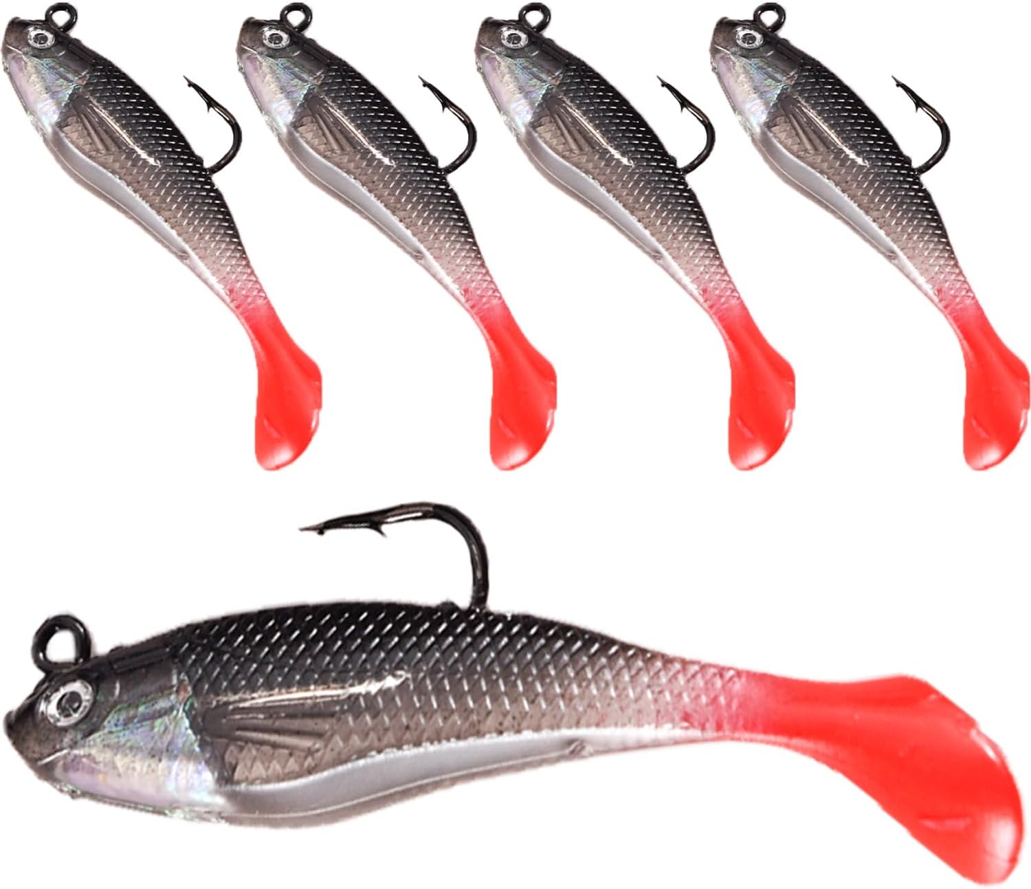 Fishing Lure Set,5 Pcs 8cm Soft Bait Head,Pre-Rigged Soft Lures,T Tail Artificial Bait,Great Action Swimbait,Easy Catching Lures for Family Fishing,3D Eyes Soft FishingLure Single Hook Baits