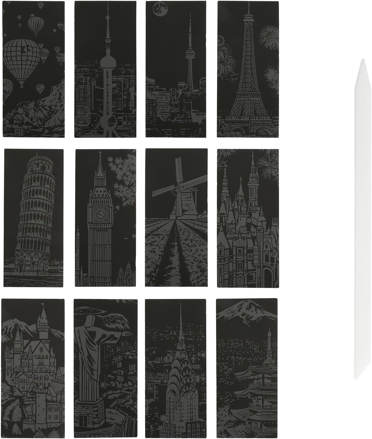 Tabanzhe 12PCS Scratch Art Paper-World Famous City Landmarks Rainbow Scratch Paper with Scratching Tool Night View Engraving Art Craft Kit for Adults Kids