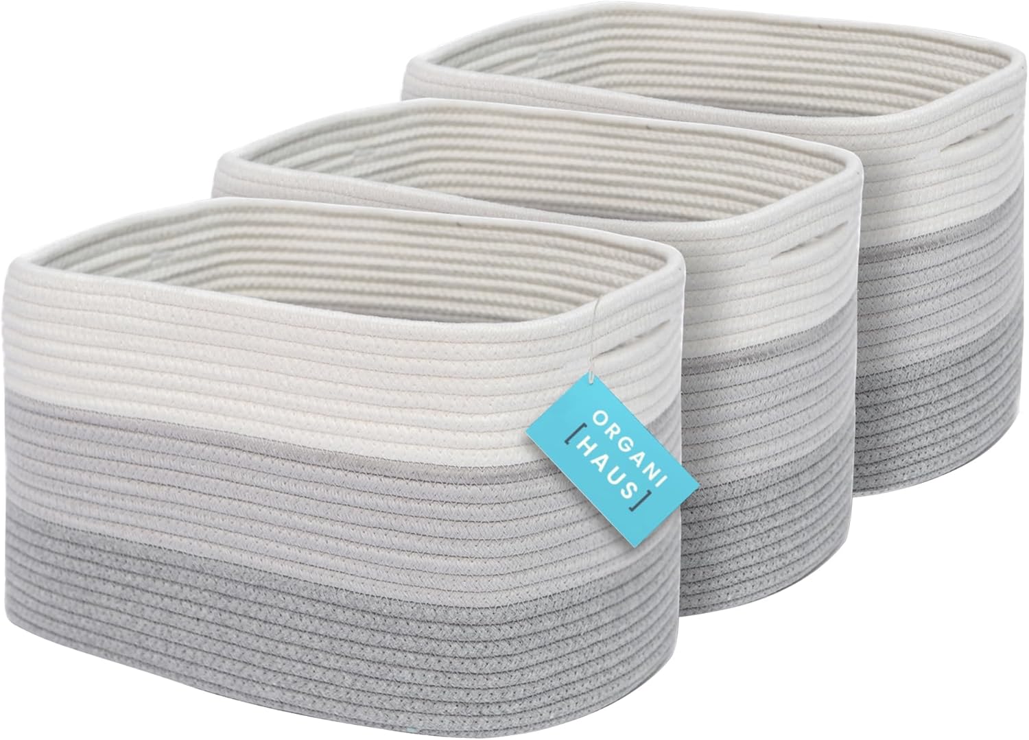 OrganiHaus 3-Pack Cotton Rope Cube Storage Baskets, Decorative Living Room, Bedroom, Closet, Home Organizing bin, Shelf and Table Top Decor, Woven Rustic Farmhouse Design Small Basket - 3 Tone Grey