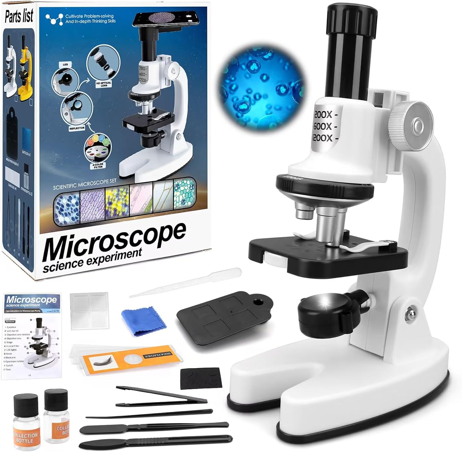 deAO Microscope for Kids 1200X High-Power Science Microscope Kit with LED Light Mobile Phone Adapter 3D Slides, Magnifying Glass, Test Tubes, Color Filters, Stem Toys Science Explorer Tool for Age 8+