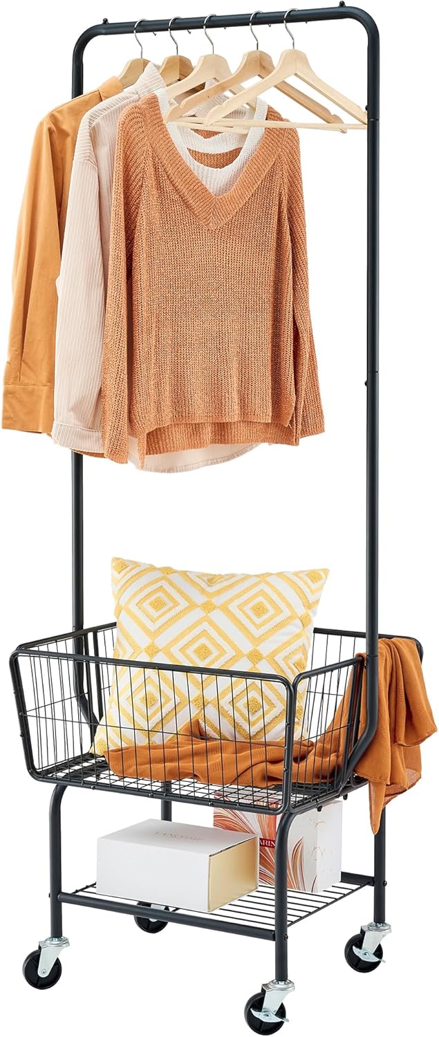 Tajsoon Laundry Cart with Hanging Rack, Metal Laundry Basket with Wheels, Laundry Hamper with Storage Basket and Shelf, Rolling Laundry Cart with Wheels, Black