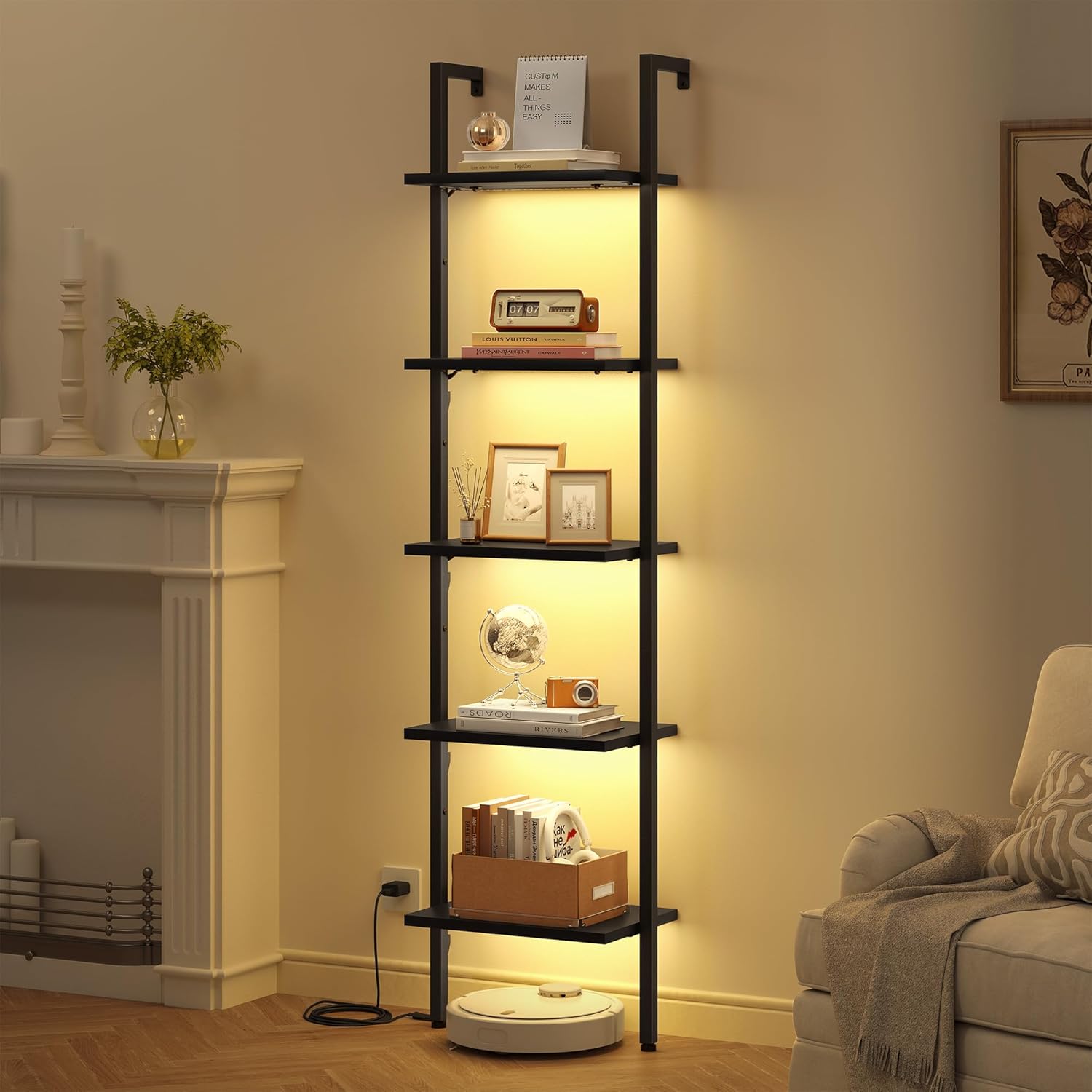 Tajsoon 5 Tier Ladder Shelf with Light, Wooden Wall Mounted Book Shelf, Ladder Bookshelf with Metal Frame, Wall Mounted Ladder Bookshelf for Office, Living Room, Bedroom, Black