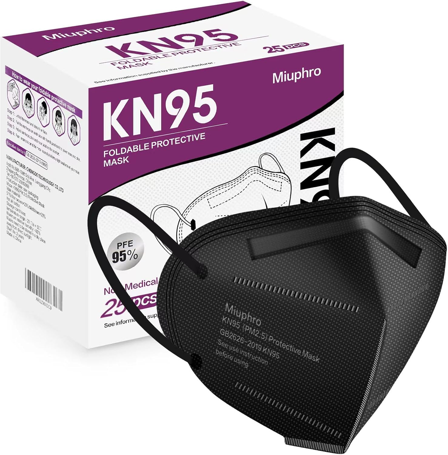 Miuphro KN95 Disposable Face Mask 25 Pack 5-Ply Breathable Safety Masks Against PM2.5, Disposable Respirator Protection Mask for Men and Women Black