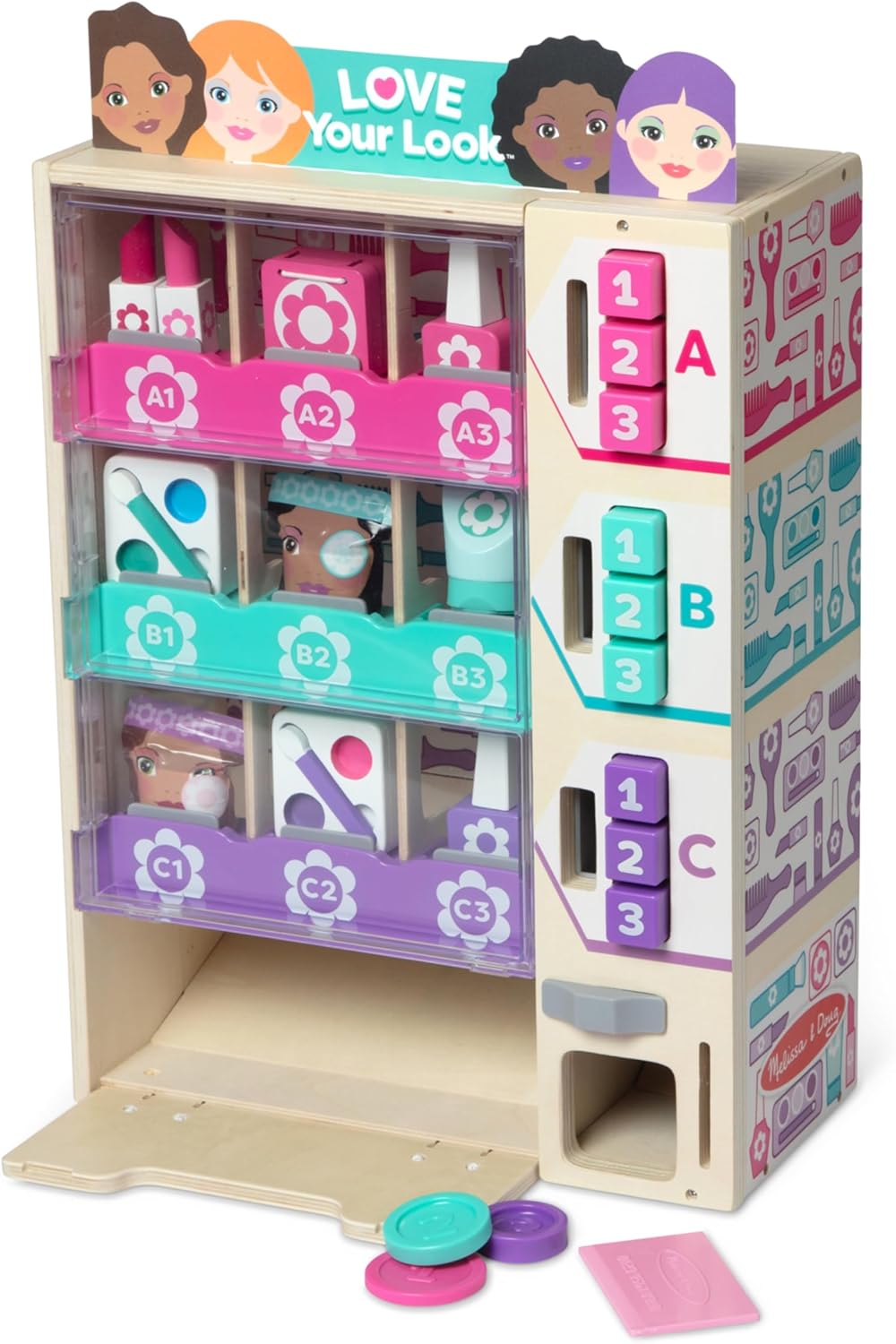 Melissa & Doug Sort, Stock, Select Beauty Kiosk Vending Machine Play Set, Pretend Makeup Wooden Toy for Boys and for Girls 3+ - FSC Certified