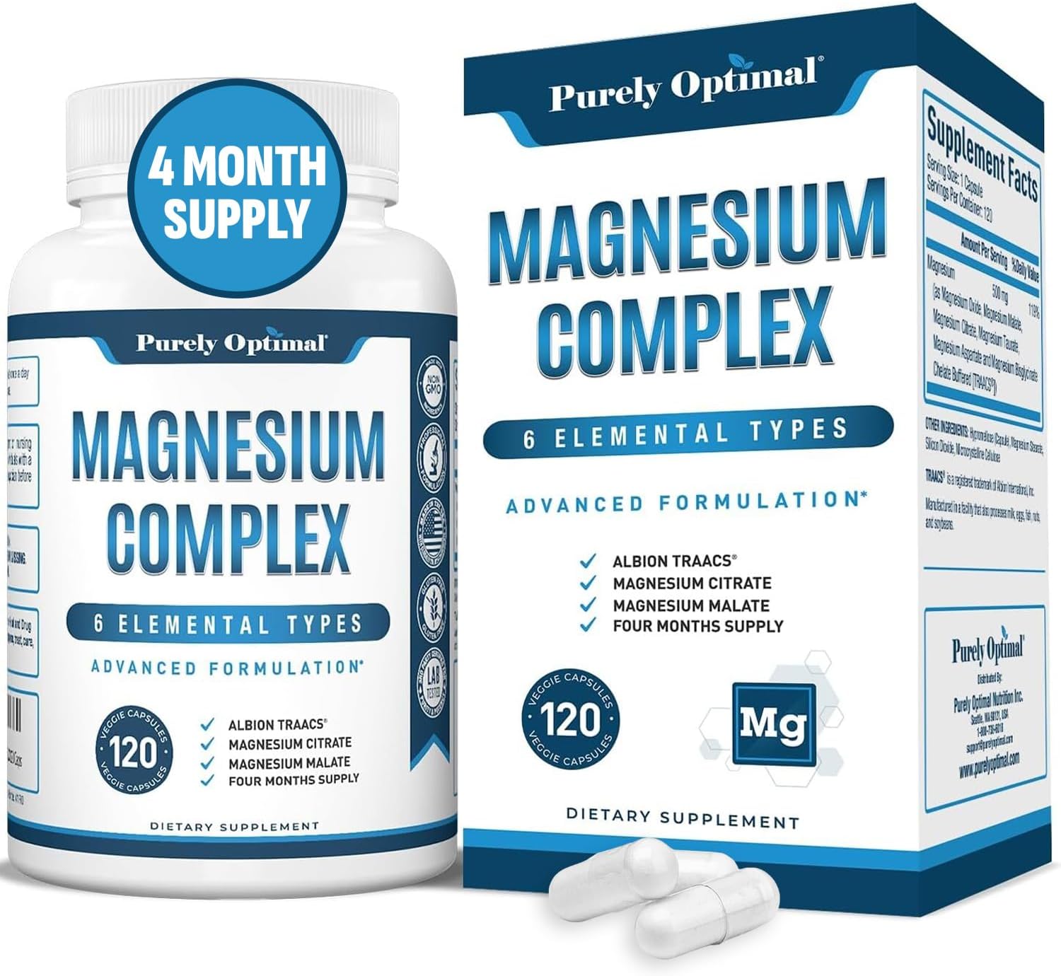 Purely Optimal Magnesium Complex - 6 Forms Magnesium Glycinate, Citrate & Malate - Sleep Support, Stress Relief, Muscles, Heart Health & Relaxation - Magnesium Supplement for Women & Men, 120 Caps