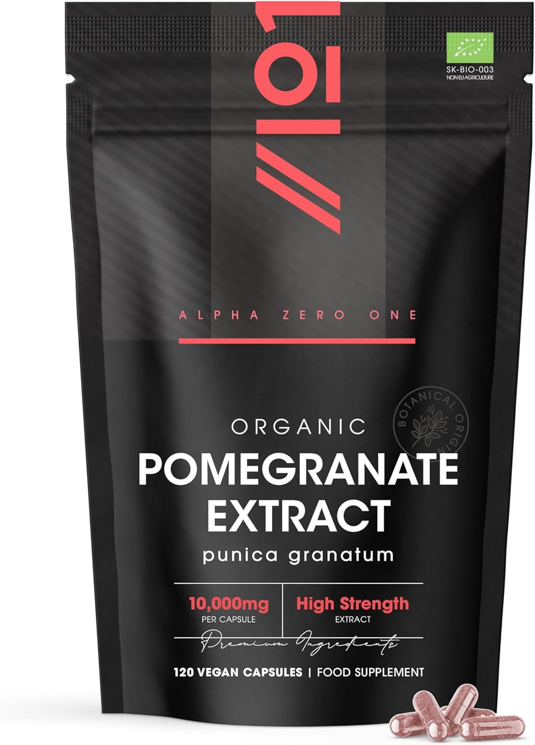 Organic Pomegranate Extract 10,000mg – 120 Vegan Capsules – High Strength 40:1 Punica Granatum Extract - Resealable and Recyclable Pouch by Alpha01