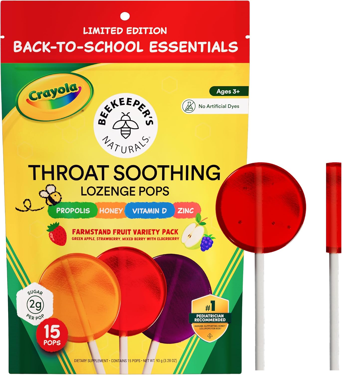 Beekeeper's Naturals Throat Soothing Lollipops w/ Honey, Variety Pk, 15 ct