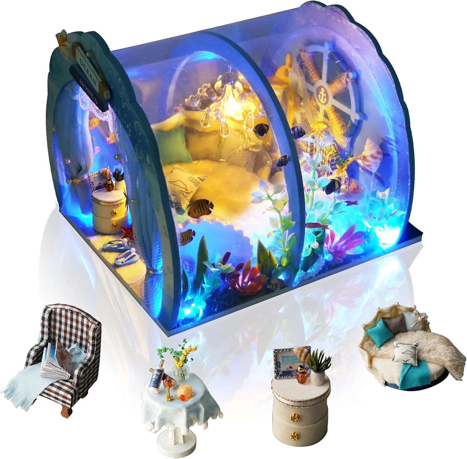 GuDoQi DIY Miniature Dollhouse Kit, Miniature House Kit 1:24 Scale,Tiny House kit with Furniture, Great Gift for Birthday Easter Day, Sweet Home of Mermaid Princess