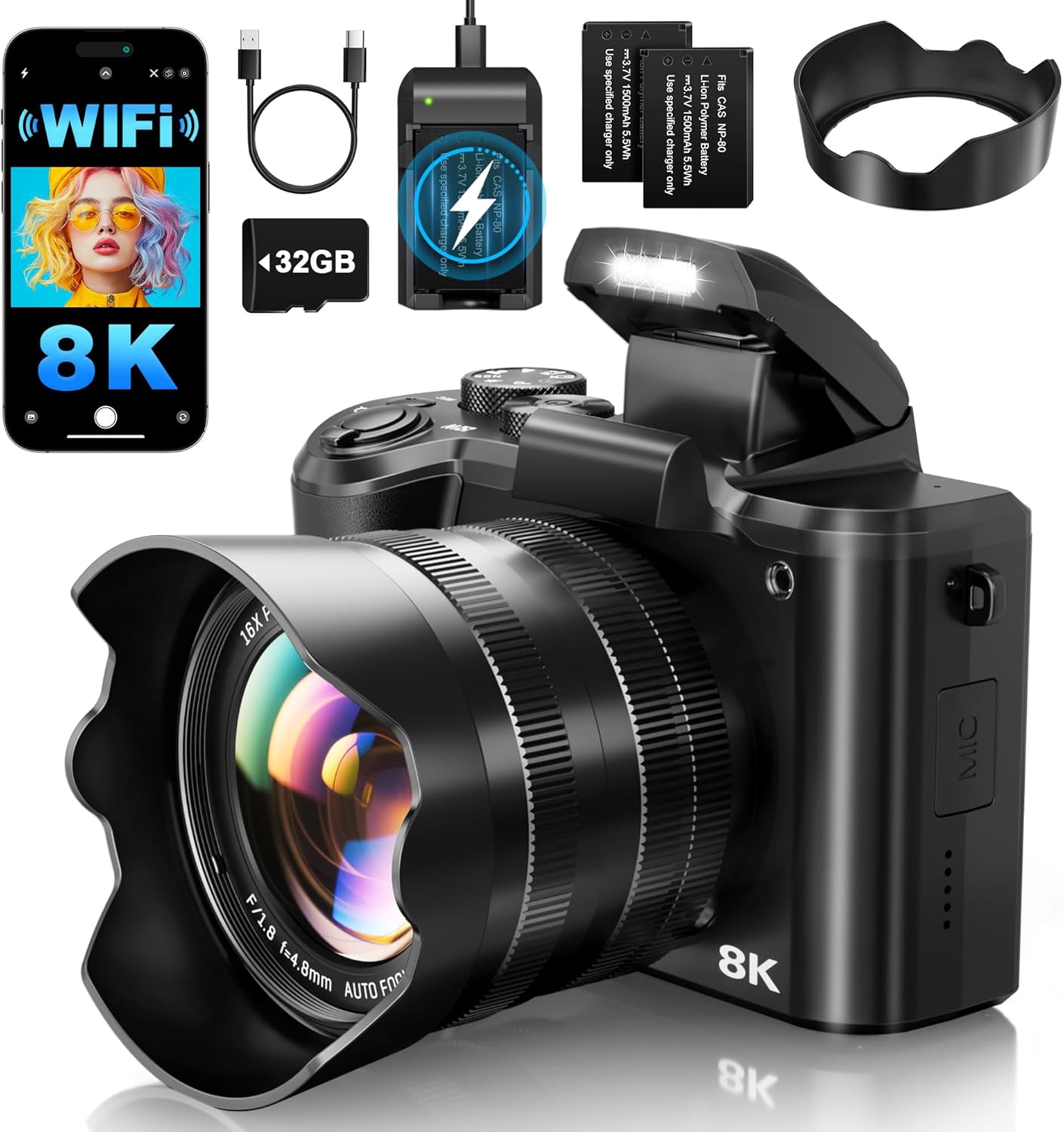 8K Digital Cameras for Photography - Autofocus 88MP WiFi Profession Camera with Dual-Lens - 16X Digital Zoom Photography Camera for YouTube with Lens Hood, Touch Screen, 2 Batteries & Charging Stand