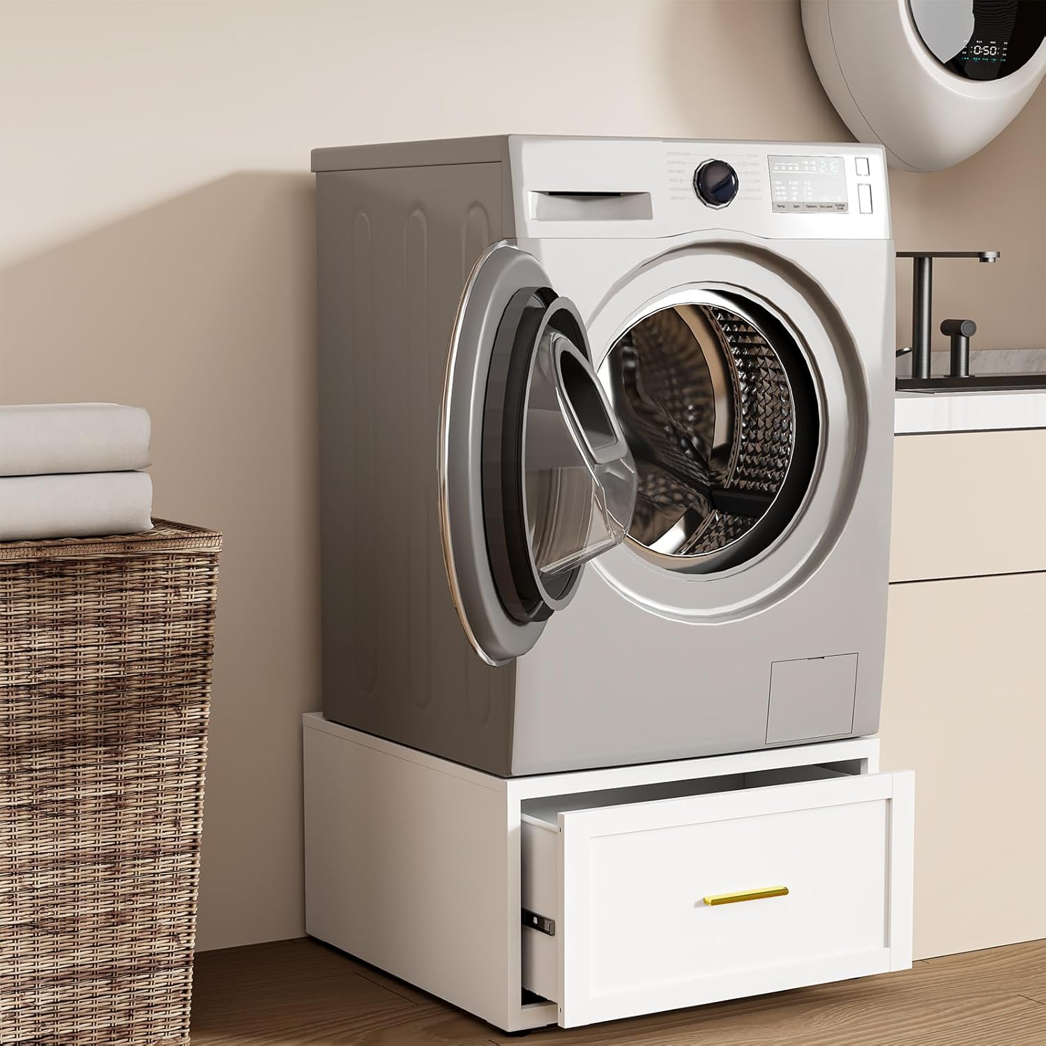 Laundry Pedestal Heavy Duty Metal Washer and Dryer Pedestals, 16"H Universal Fit Washer Stand Base, Washing Machine Stand with Storage Drawer, 440lbs Mini Fridge Stand, (White, 1PCS)