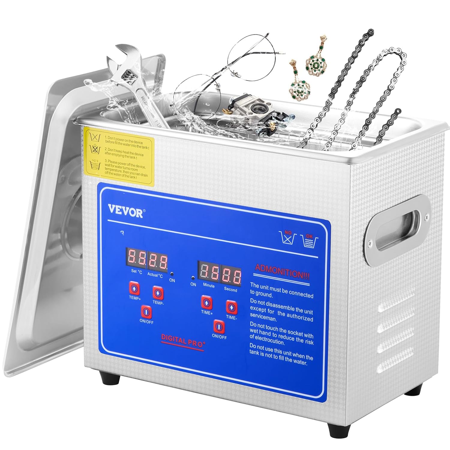 VEVOR Professional Ultrasonic Cleaner, Easy to Use with Digital Timer & Heater, Stainless Steel Industrial Machine for Parts, 110V, FCC/CE/RoHS Certified (3L)