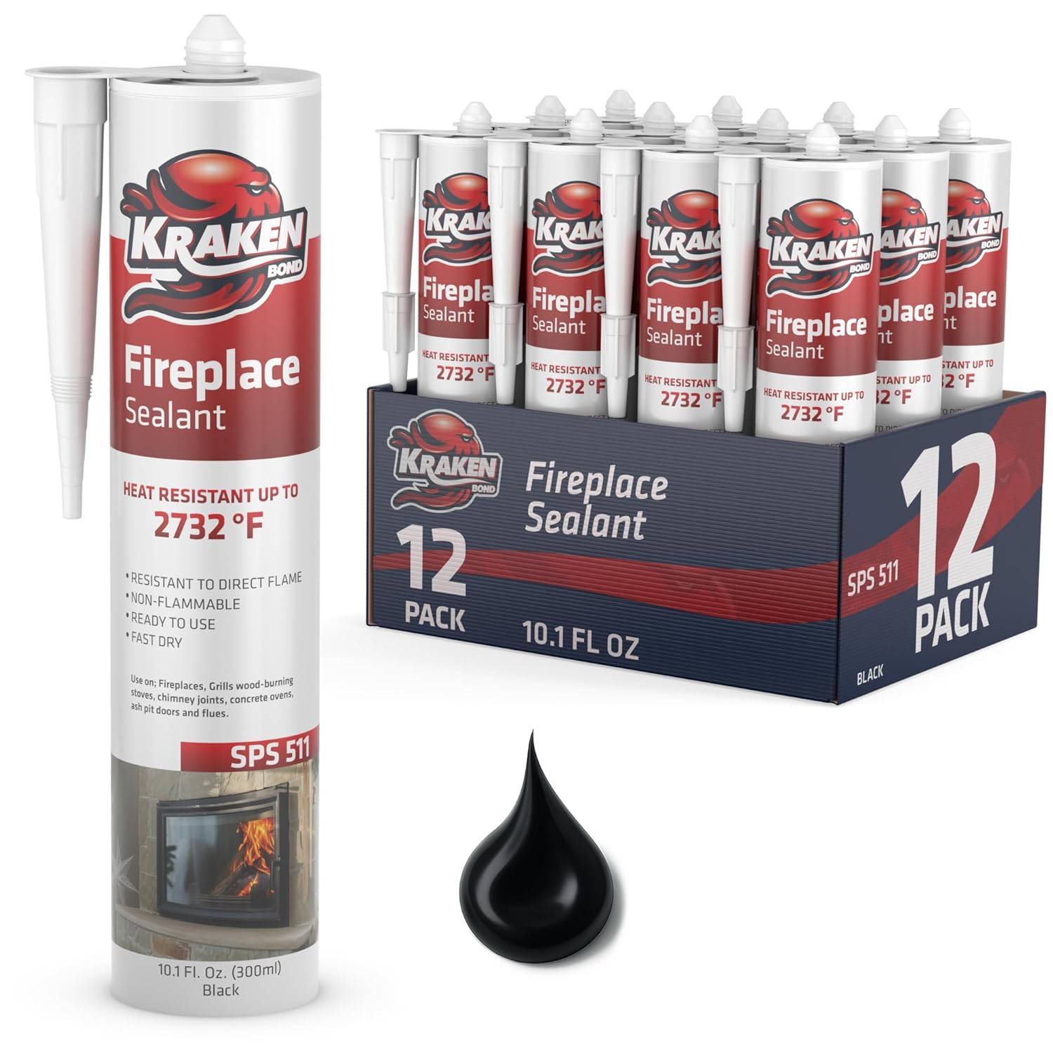 Kraken Bond High Temperature Black Fireplace Sealant 2732°F - (12x10.1oz.) Fire Resistance Up to 2732°F, High Temp Fire Caulk for Ovens, Stoves, Chimneys - Fast Dry, Paintable, Non-Flammable, 12 Pack