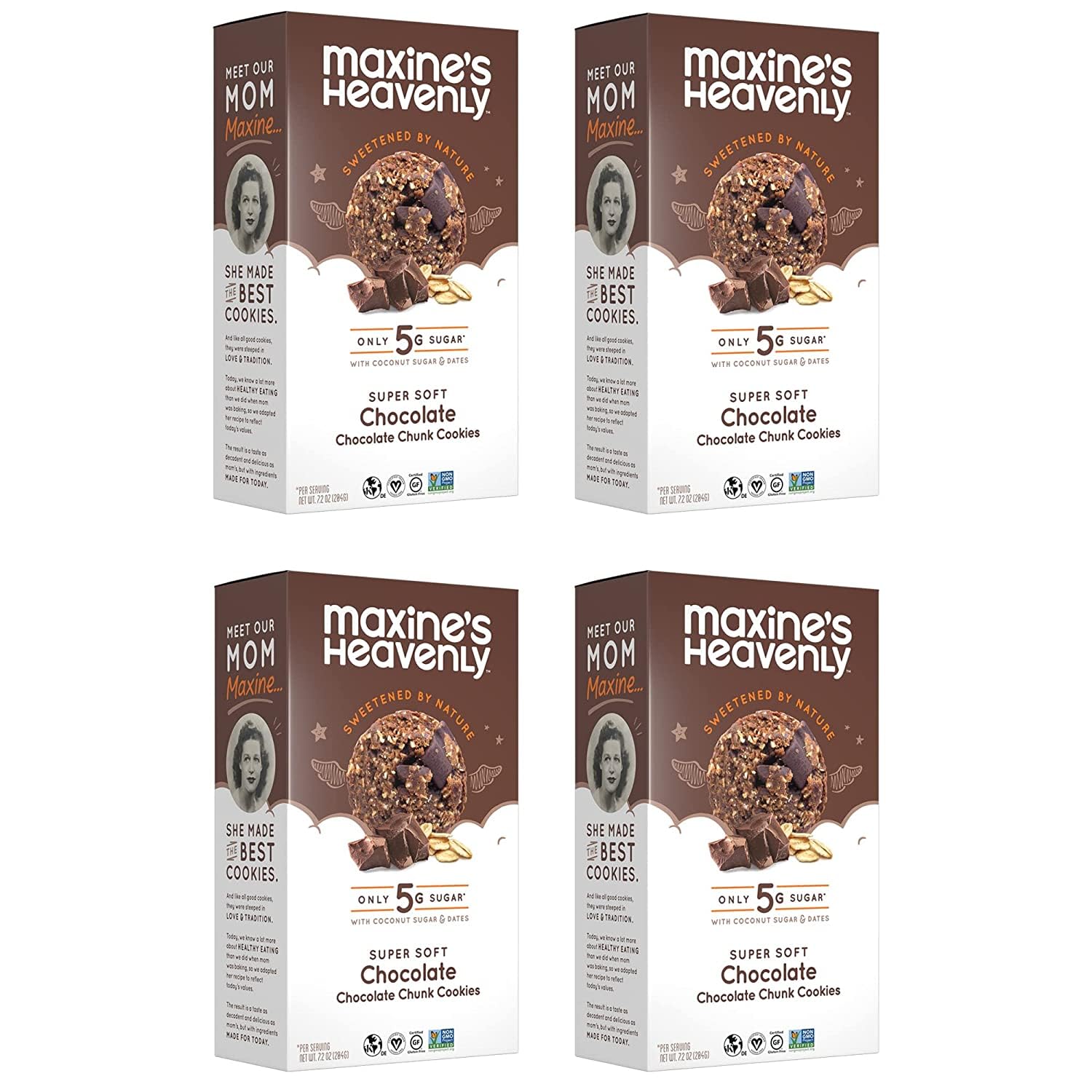 Maxine's Heavenly Chocolate Chunk Cookies | Gluten Free Chocolate Chip Cookies Made with Oats and Sweetened with Coconut Sugar & Dates | Tasty Low Sugar Vegan Dessert | 7.2 Ounces Each (4 pack)