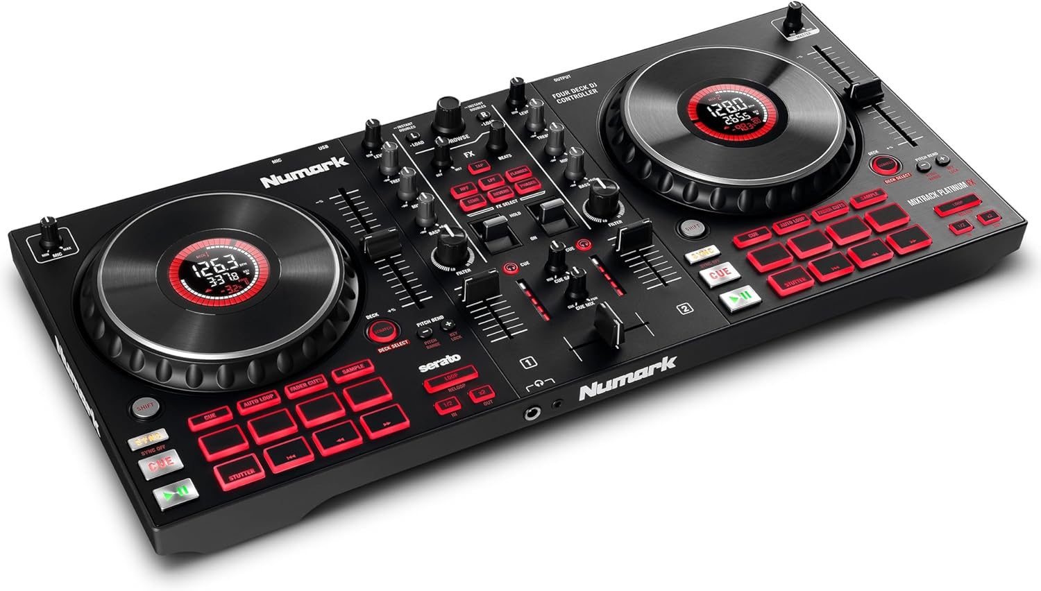 Numark Mixtrack Platinum Serato Control, DJ Mixer, Built-in Audio Interface, FX Paddles, 4 Decks + Jog Wheel Displays