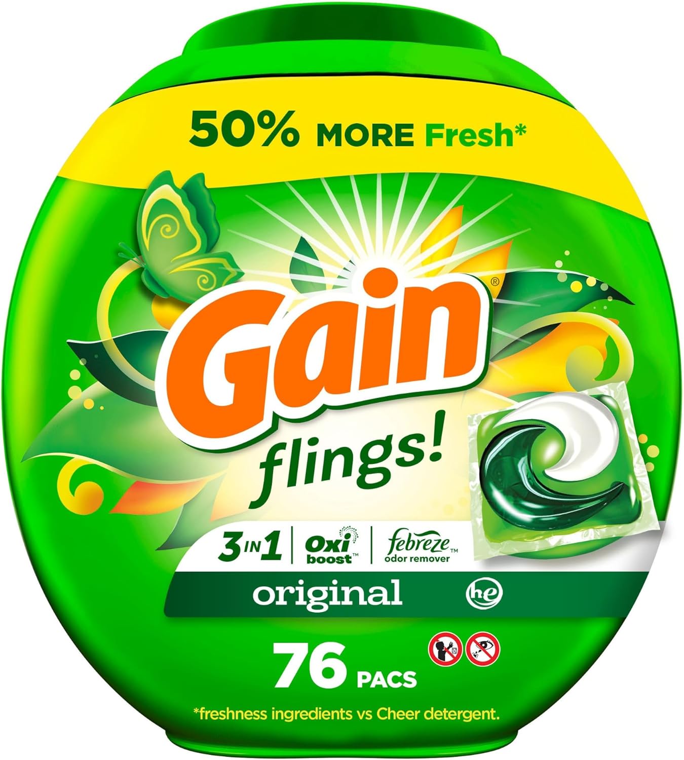 Gain flings Laundry Detergent Soap Pacs HE Compatible Long Lasting Scent, Original Scent, 76 Ct, Gain Laundry Detergent