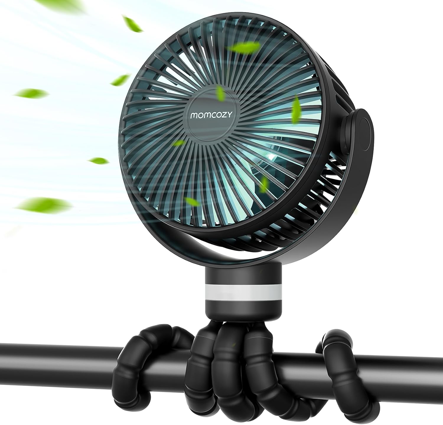 momcozy Portable Pram Fan, 8000mAh, 27H Ultra-long Battery Life, Stroller Fan Detachable 4 Speed 360° Rotate, LED Night Light, USB Rechargeable Handheld Cooling Fan,Travel,Crib,Car Seat (Black)