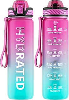 Water Bottle with Straw, 32oz Motivational Water Bottles with Time Marker to Drink, Tritan BPA Free, 1L Sports Water Bottle with Carry Strap LeakProof for Women Gym Fitness Outdoor (1 Pack)