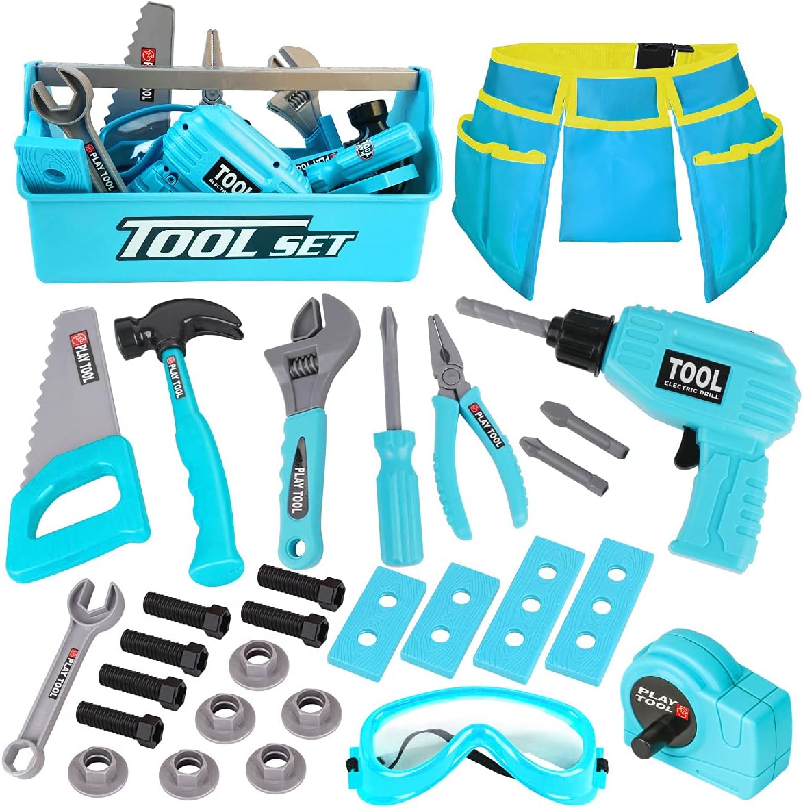 LOYO Kids Toys Tool Set - Pretend Play Construction Toy with Tool Box Kids Tool Belt Electronic Toy Drill Construction Accessories Gift for Toddlers Boys Ages 3 , 4, 5, 6, 7 Years Old (Blue)