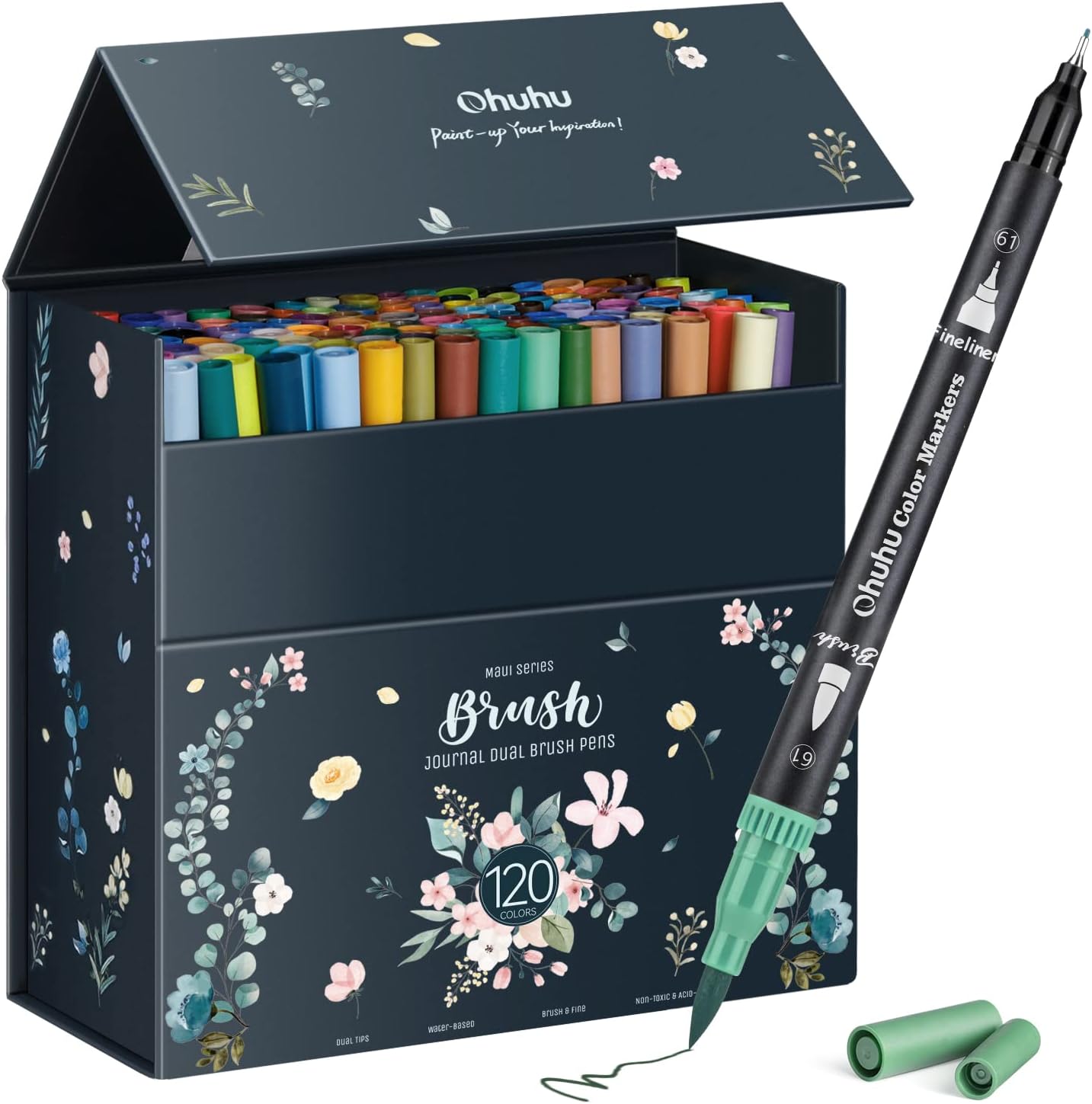 Ohuhu 120 Colours Colouring Pens, Dual Tip Felt Tip Pens with Fineliner Art Markers Set for Adults Colouring Book Drawing Calligraphy Sketching Journal, Art Gift, Maui - Black