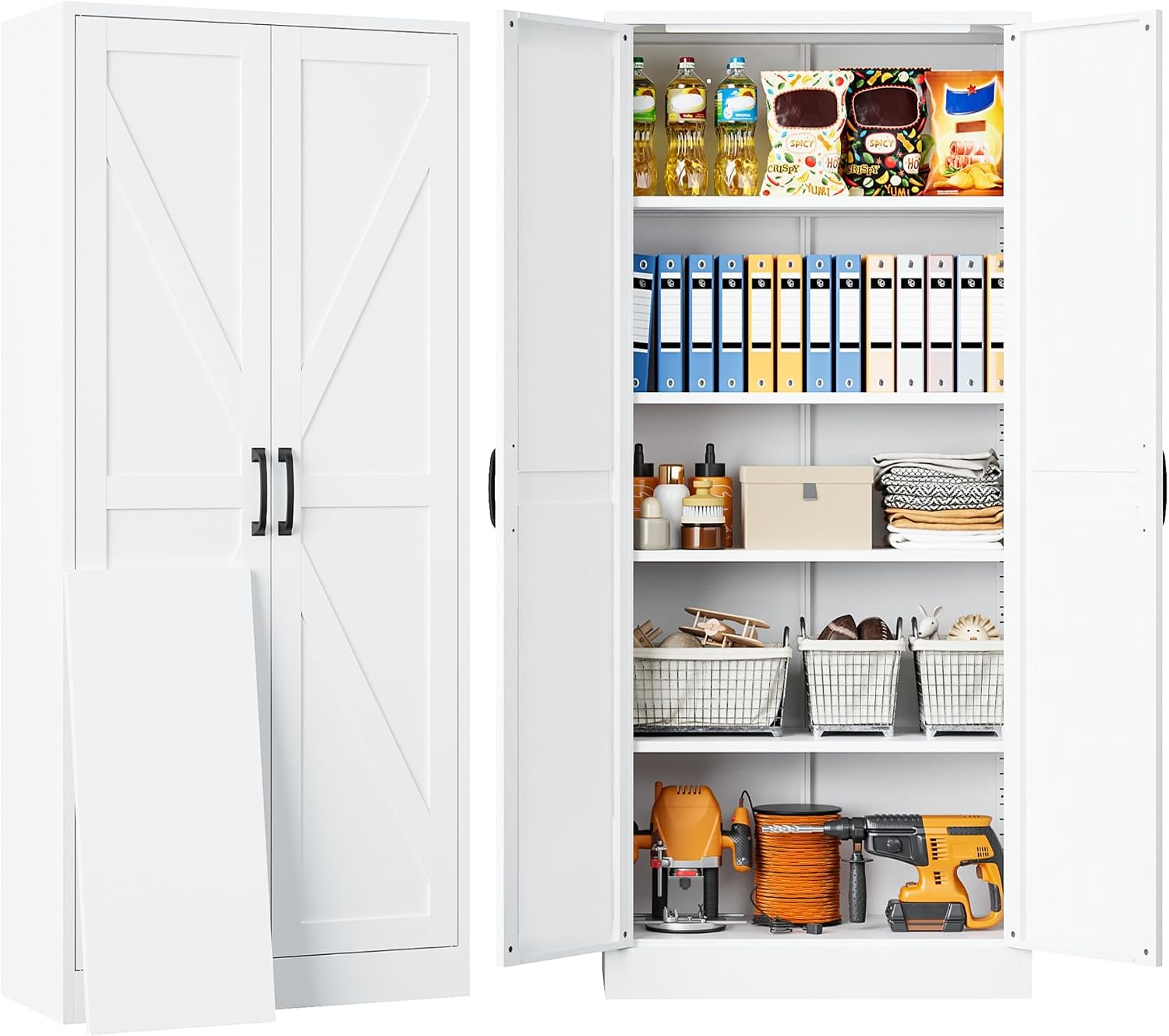SISESOL 61" Tall Pantry Cabinet,Farmhouse Kitchen Pantry Storage Cabinets with 2 Doors and 5 Shelves,White Metal Storage Cabinet,Large Cupboard for Home,Kitchen,Dining/Living Room