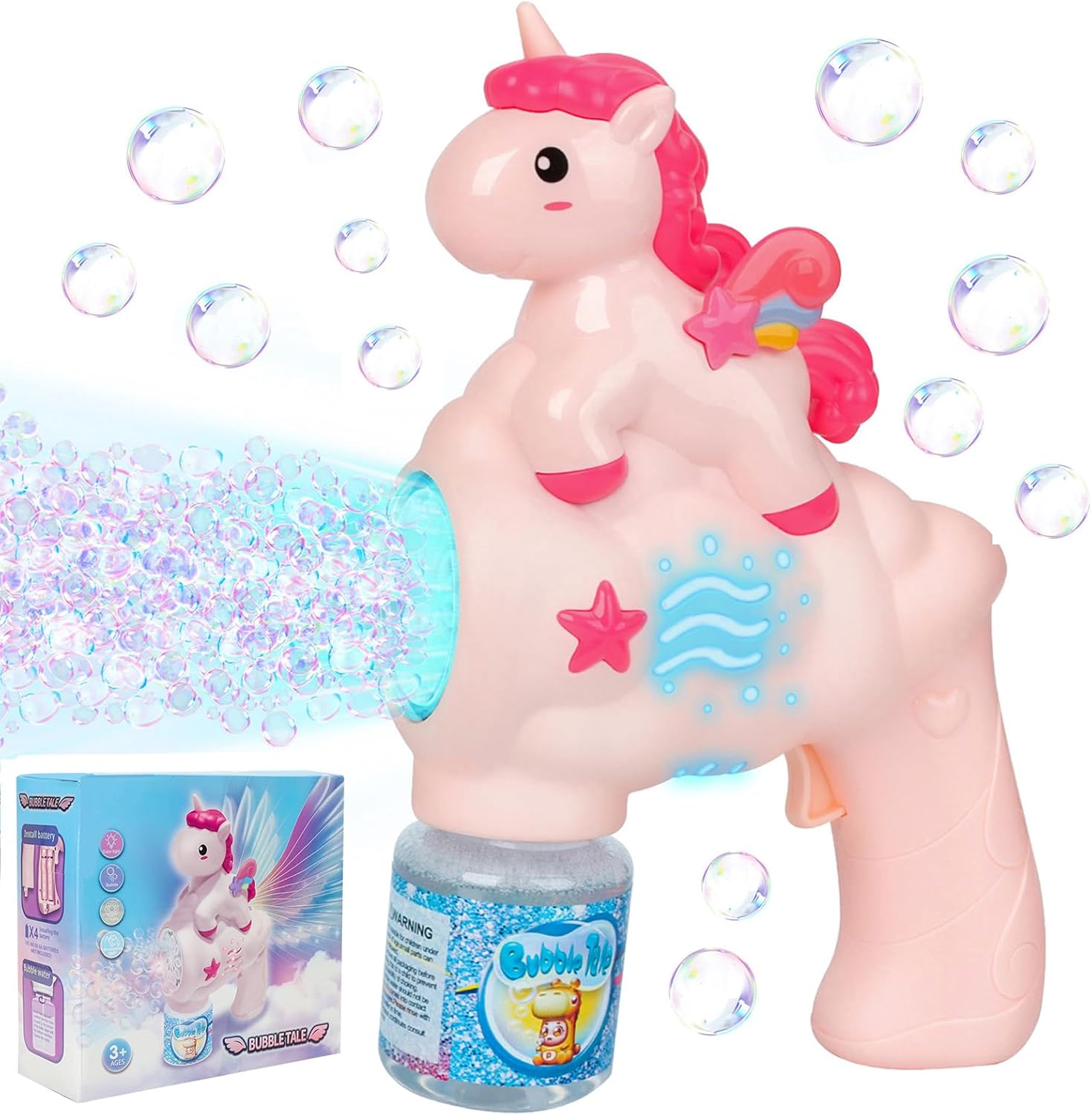 Jovicos Bubble Machine for Kids, Automatic Unicorn Bubble Gun with 10,000+ Bubbles/Minute, LED Lights Bubble Maker with 100ML Bubble Solution for Outdoor Garden, Birthday Gift for Girls
