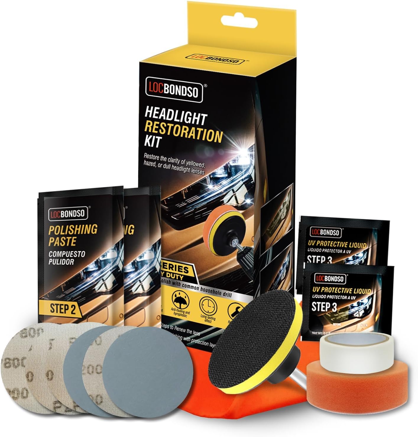Headlight Restoration Kit, 3-Step Headlight Cleaner, Polish & Restore Yellowed, Oxidized, Cloudy Lens Back to Like-New, Includes Polishing Pastes, Sanding Discs, Protective Coating