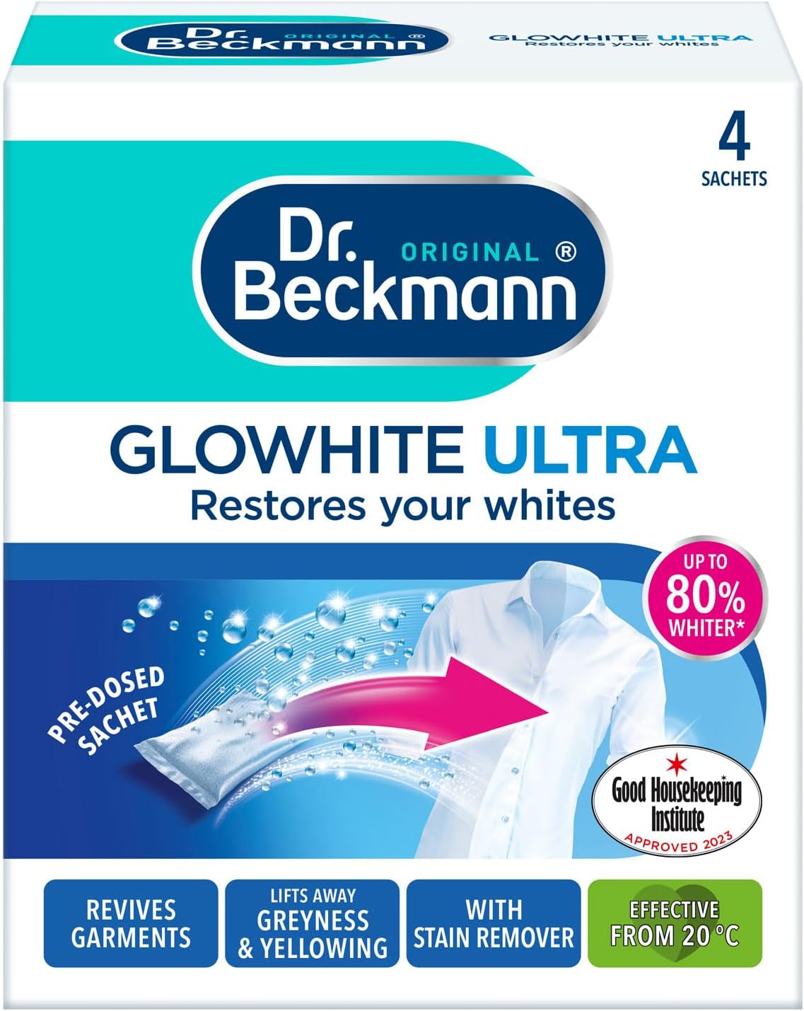 Dr Beckmann Glowhite Ultra Fabric Whitener 4 x 40g Sachets | Whitening Powder for Whites | Brightens Dull Grey Laundry | Works with Detergent | Machine Wash Fabric Brightener | Keeps Whites White