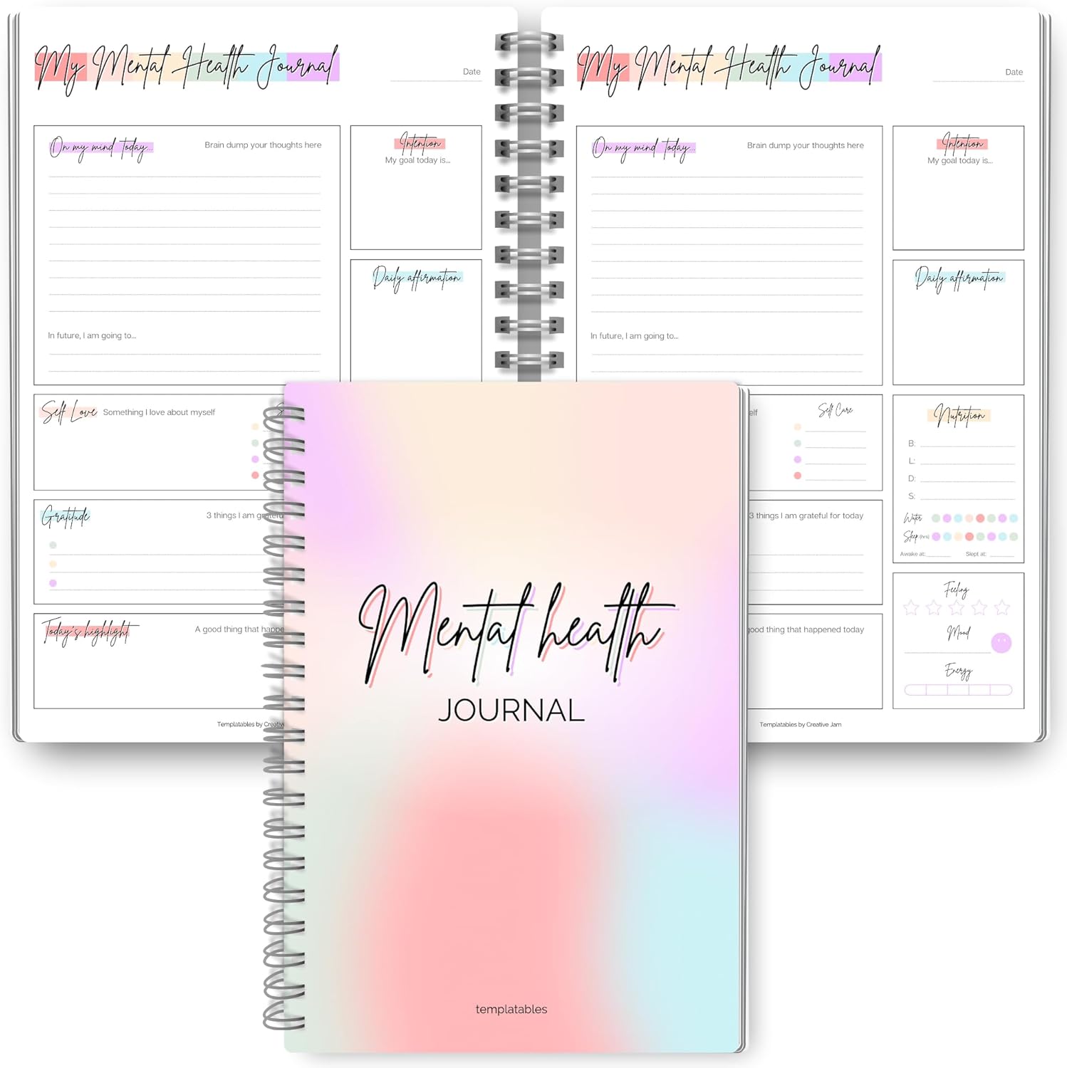Mental Health Journal | Daily Gratitude, Self Care, Intentions, Affirmations and Nutrition - A5 Pastel Rainbow