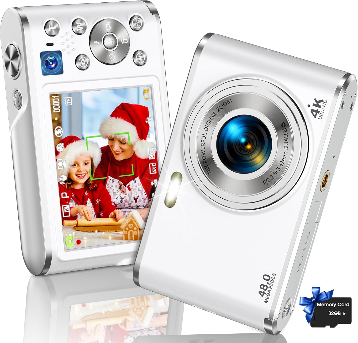 YOODEE Digital Camera, AutoFocus 4K Vlogging Camera with Dual Camera 48MP 16X Digital Zoom Kids Compact Camera with 32GB Memory Card Portable Point and Shoot Cameras for Teens Beginner (White)