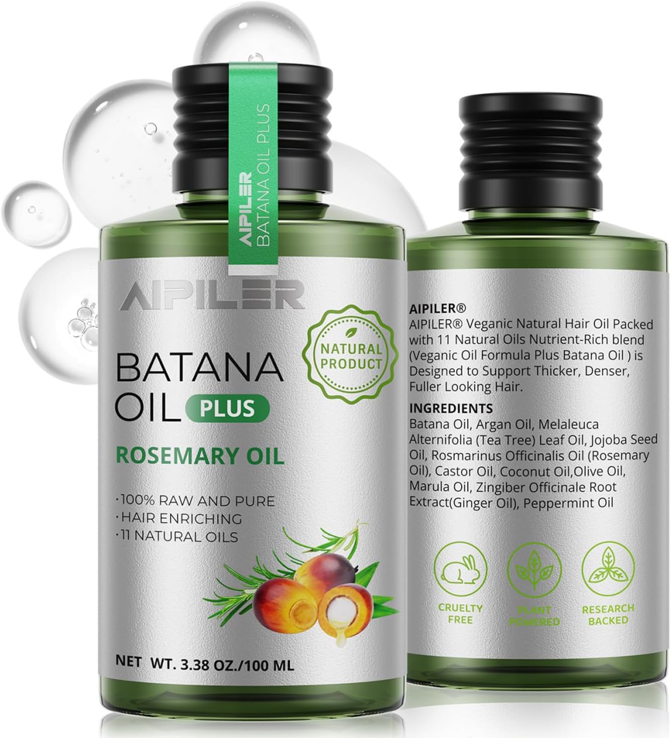 Batana Oil with Rosemary for Hair Growth: Vegan Natural Hair Oils - Nourish Hair Eyelashes Eyebrows Beard and Mustache - 100% Raw Castor Coconut Tea Tree Peppermint Ginger Jojoba and Argan Oils 3.38oz