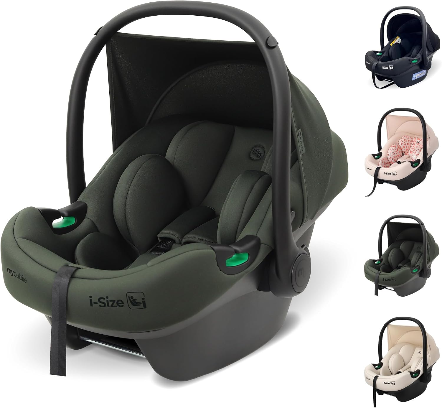 My Babiie MBCS02 i-Size Baby Car Seat - 40-87cm (Birth to 15 Months Approx.), R129, Group 0+, Lightweight Infant Carrier, Large Canopy, Newborn Insert, Adjustable Headrest - Forest Green