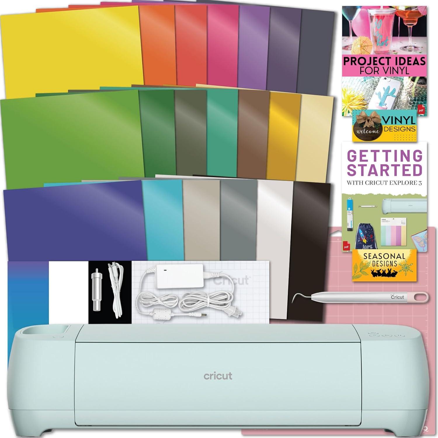 Cricut Explore Air 3 Machine with Vibrant Vinyl Pack Bundle - Beginner Craft Cutting Machine with Supplies to Start- Rainbow Adhesive Vinyl with Weeding Tool, Cutting Mat and Instructional Guides
