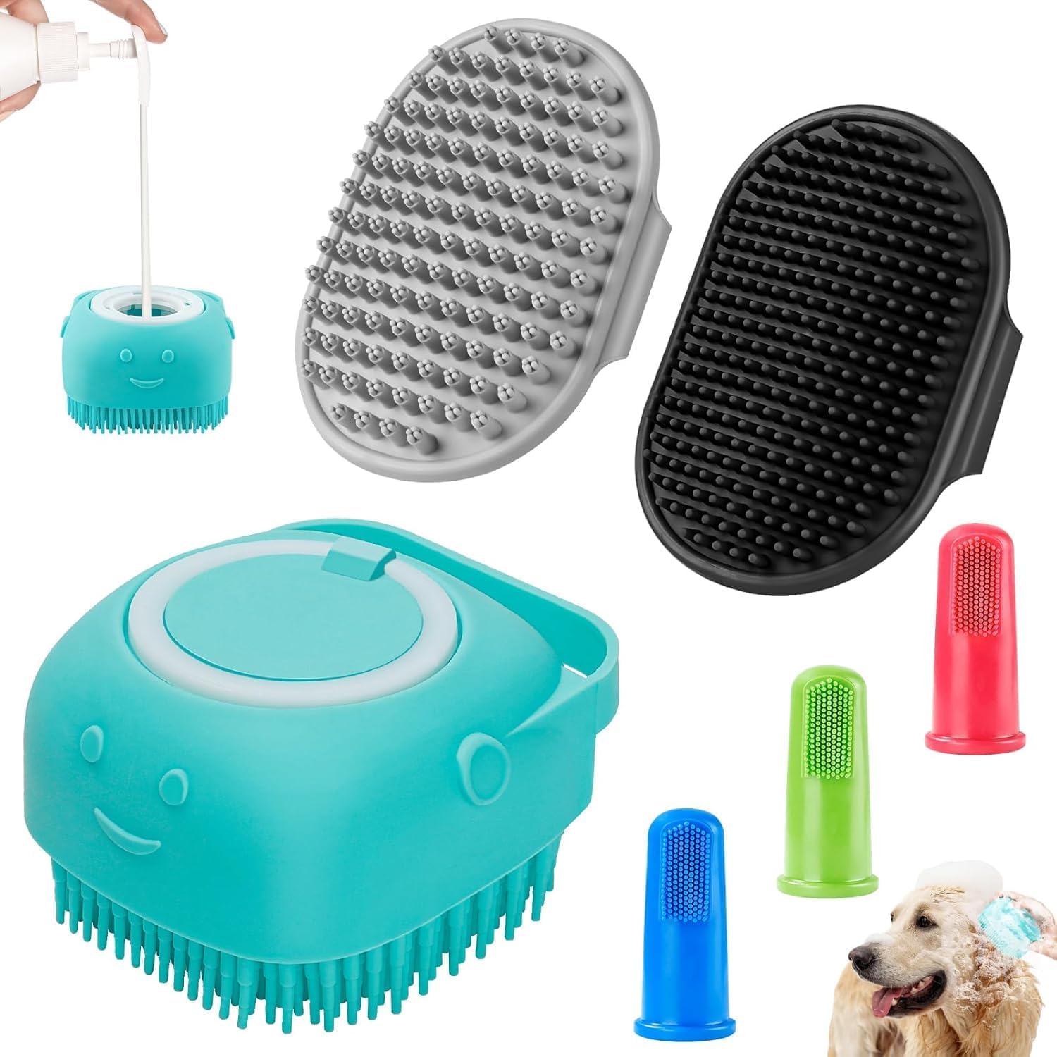 Comotech 6PCS Dog Bath Brush & Dog Toothbrush | Adjustable Handle Shampoo Brush & Scrubber for Short & Long Haired Dogs & Cats | Effectively Solve Odor & Stain Removal Problems (Black Gray Blue)