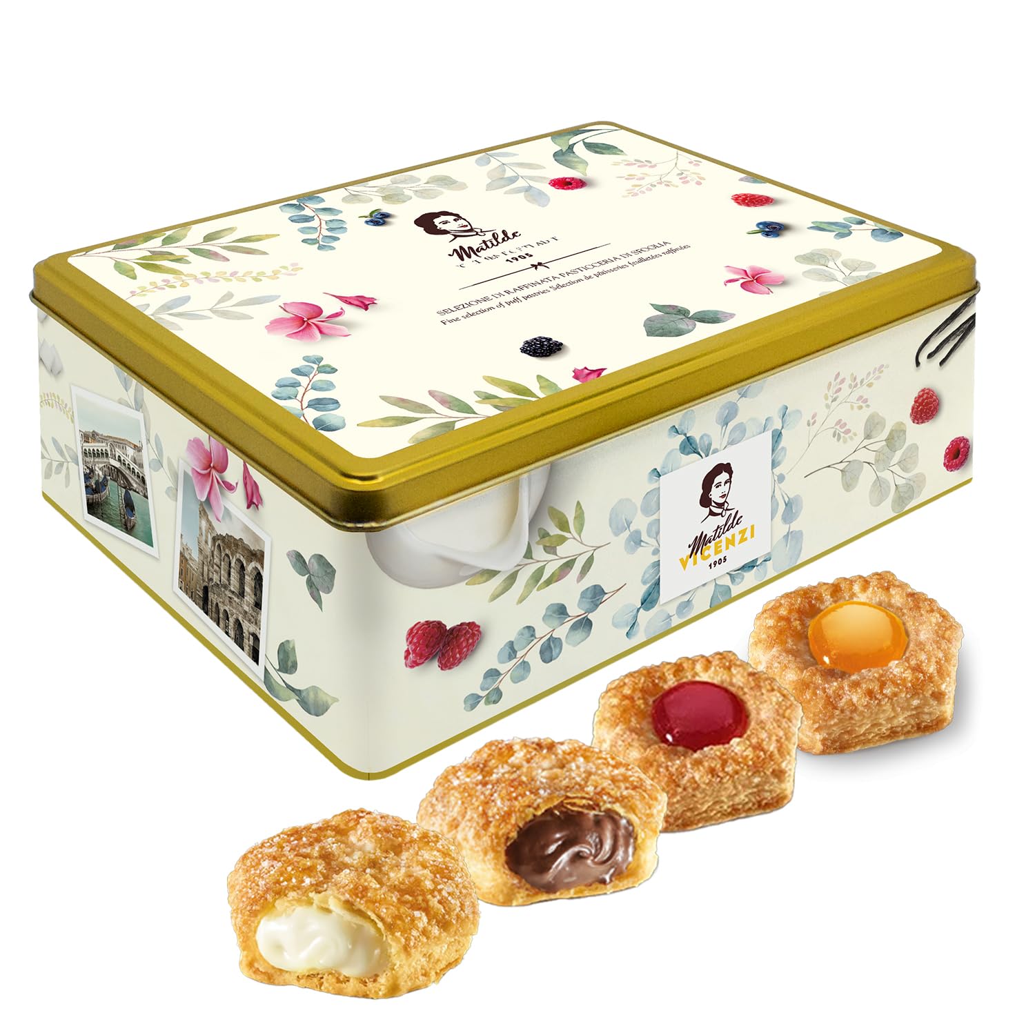 Pasticceria Matilde Vicenzi 5 O'Clock Tea Time Cookie Assortment Gift Tin - Butter Pastries, Chocolate & Vanilla Filled Gourmet Cookies - Bakery Snacks Made in Italy for Gifting - 13.76oz (390g)