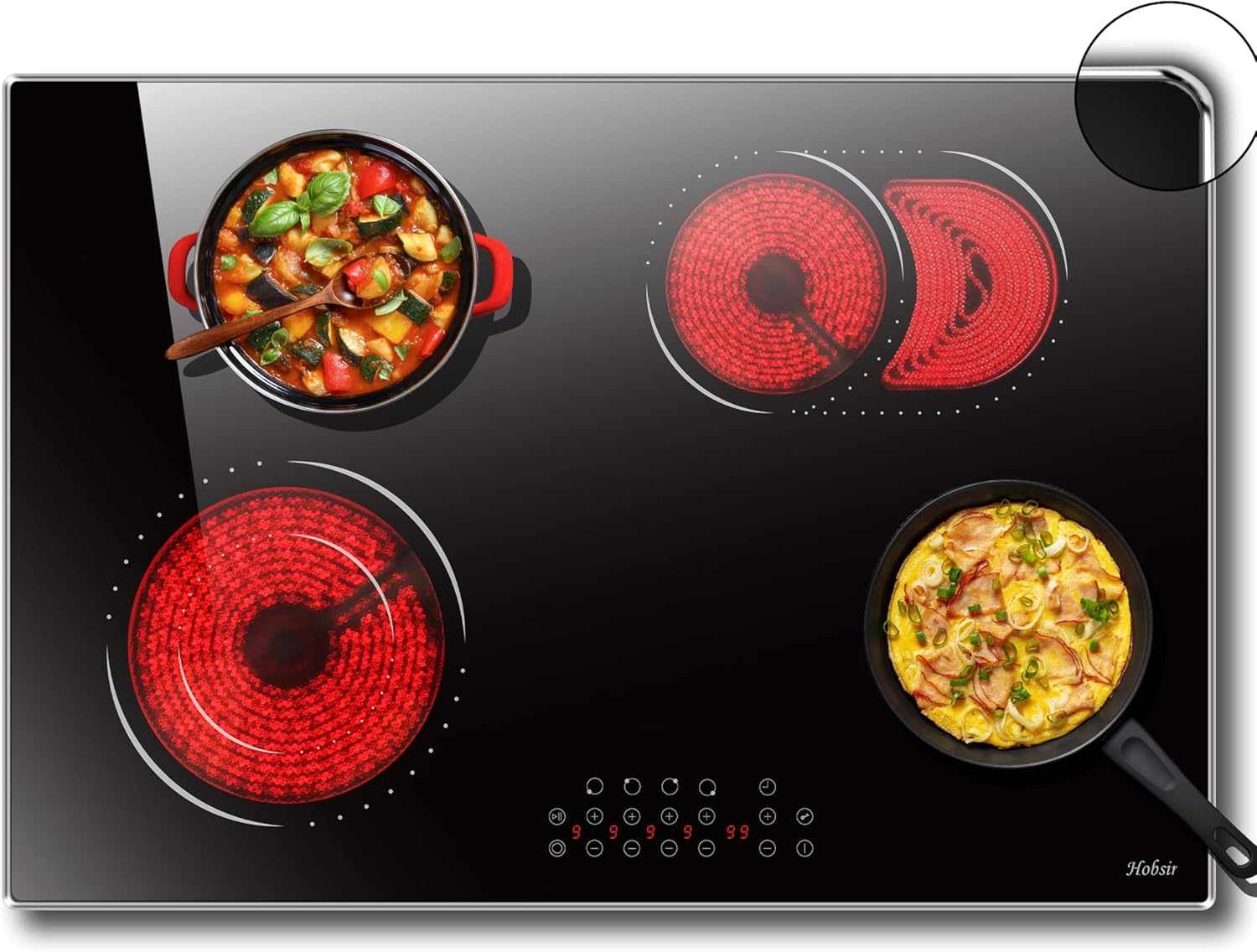 Hobsir 30 Inch Electric Cooktop, 4 Burners Cooktop, Electric Stove Top Burner, 6800W Drop-in Ceramic Stove Top with Glass Metal Frame, Timer, Safety Lock, 220-240V, Hard Wired (No Plug) Cooktops