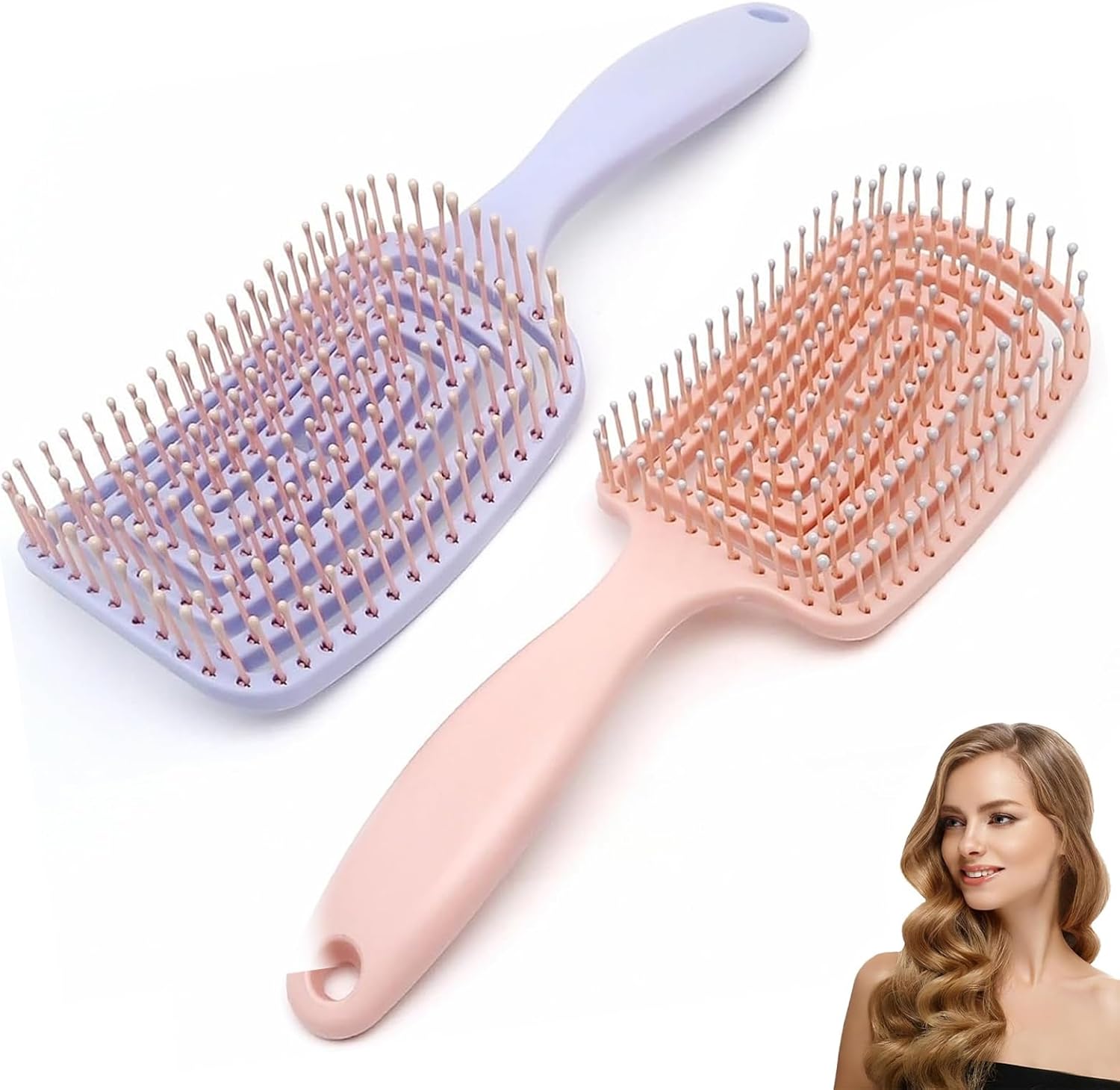 Pack of 2 Detangle Hair Brush,Curved Vent Brush & Hair Detangler, Easy Detangling Vented Hairs Styling Comb Salon for Long Thick Curly Straight Dry Wet Hair,Styling Hairs Brush (Pink+Purple)