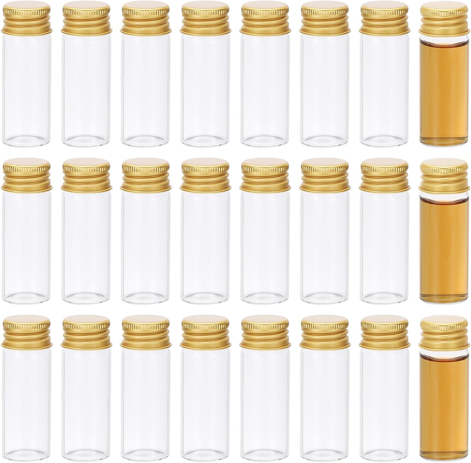 PATIKIL 12ml Small Clear Glass Bottles, 24Pcs Mini Vials with Aluminum Lids Tiny Jars for Aromatherapy Fragrance Cosmetic Oils Lab Perfumes Storing Beads, Gold