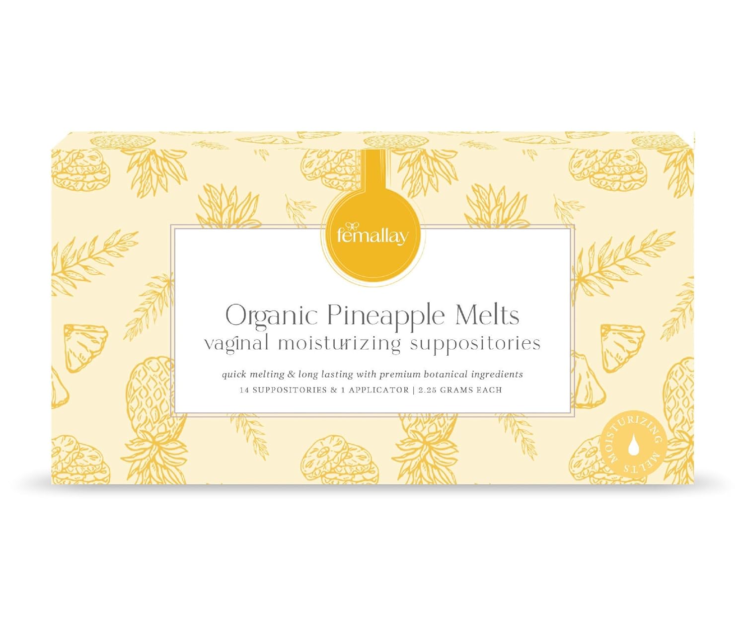 Femallay Organic Vaginal Moisturizing Suppository Melts - 100% Natural Suppositories for Vaginal Odor and Dryness Relief, Ultra-Hydrating Fast-Acting Comfort (Pineapple)