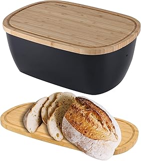 Bamboo Fiber Bread Box for Kitchen Countertop, Modern Bread Storage Container, Bamboo Lid Usable as Cutting Board, Large Bread Box for Kitchen Counter Organizer, 14x7.7x5.5In, Black