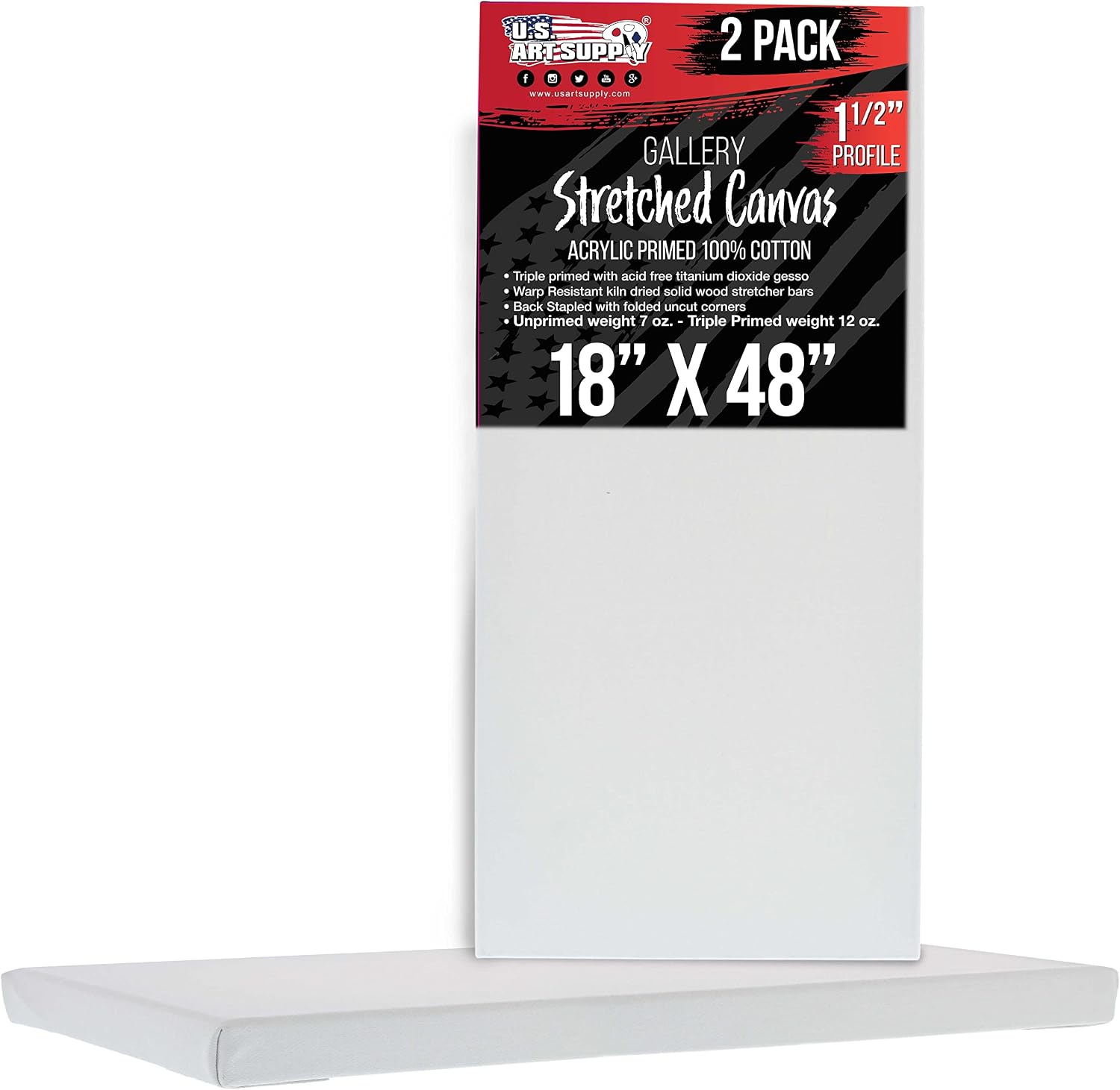 U.S. Art Supply Large Stretched Canvas for Painting 18x48 inch Gallery Depth 1-1/2" Thick, 2-Pack - 12oz Acrylic Gesso Triple Primed, Professional Artist Quality, 100% Cotton - Oil, Pouring Paint