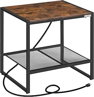 End Table with Charging Station, Narrow Side Table with Storage Shelf, 2-Tier Rustic NightStand, Sofa Table for Small Space, for Living Room ETHR54E01