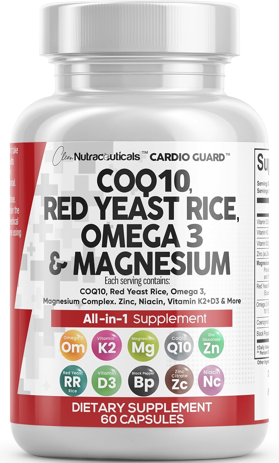 Clean Nutraceuticals COQ10 200mg Red Yeast Rice Omega 3 Magnesium Complex 500mg Niacin Zinc Vitamin K2 D3 - Heart Support Vitamins for Women & Men w/Vitamin B3, Coenzyme Q10-60 Ct