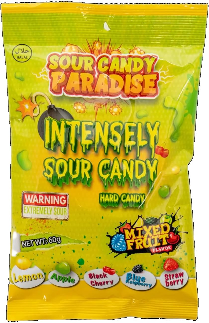 Candy Paradise Halal Sour Candy Paradise Intensely Sour Candy Hard Candy Mixed Fruits Flavours 60g Vegan (1)