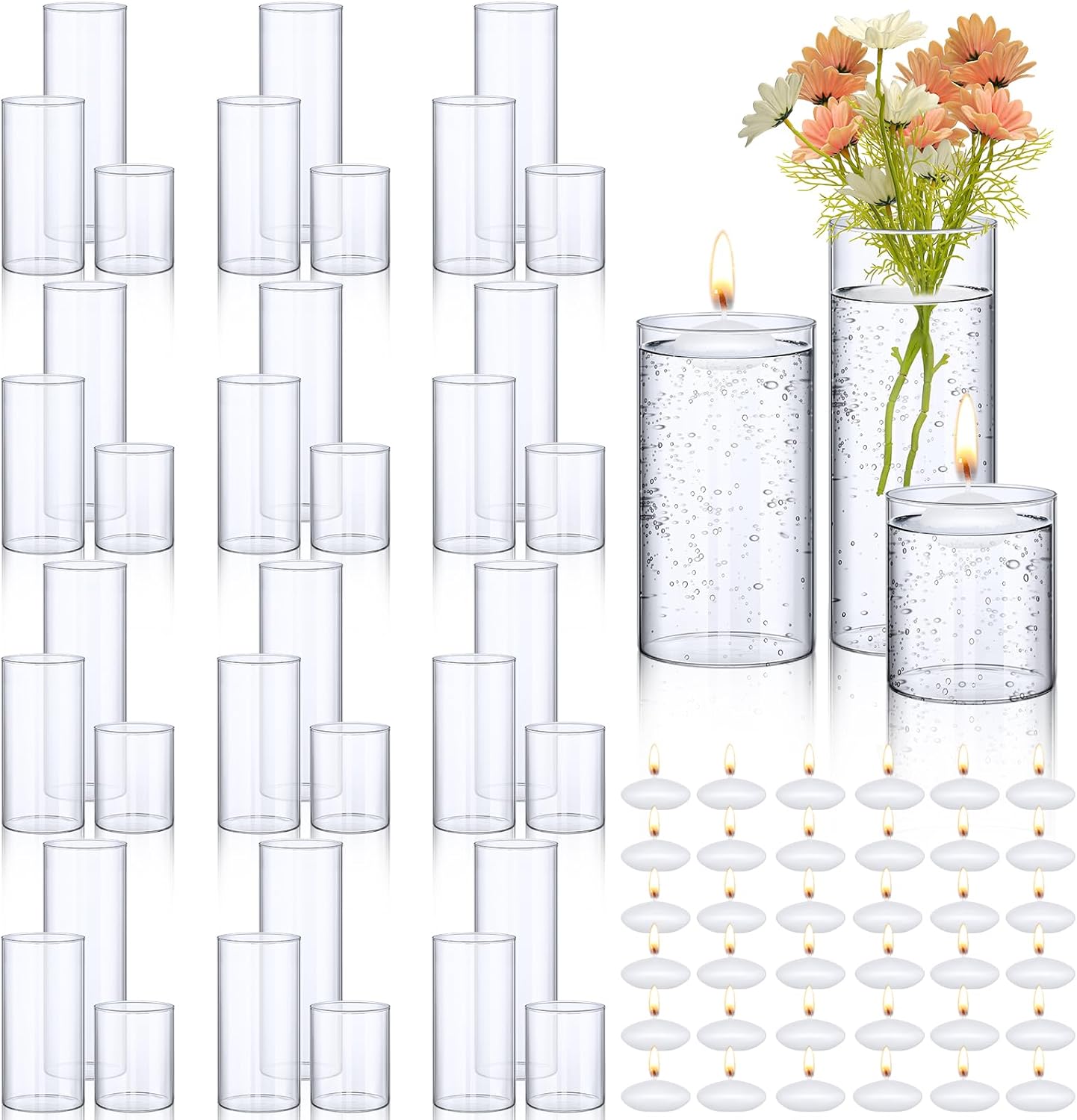 Yungyan 36 Pcs Clear Glass Cylinder Vase 36 Pcs Floating Candles Set Decorative Tall Clear Vase Glass Cylinder Candle Holder for Flowers Table Centerpieces Party Supplies Wedding Home Decor, 3 Size
